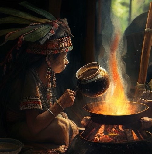 Um xamã na Amazónia a preparar ayahuasca com substâncias psicadélicas
