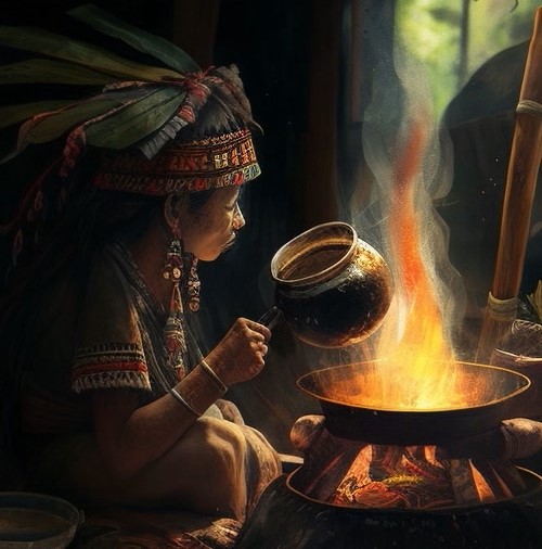 En shaman i Amazonas brygger ayahuasca, der indeholder psykedeliske stoffer