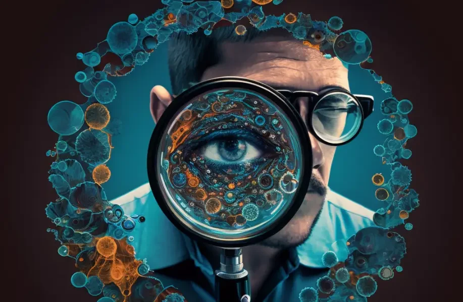 a researcher looking through a microscope unable to see his own reflection in reality