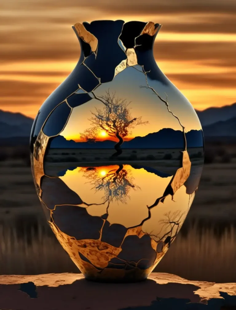 uma imagem nítida de um vaso partido que reflecte a beleza de um pôr do sol