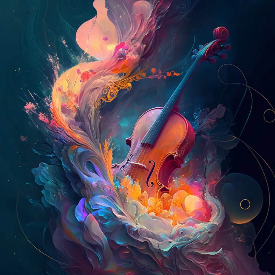 Un violon émergeant d'un nuage coloré représentant la synesthésie.