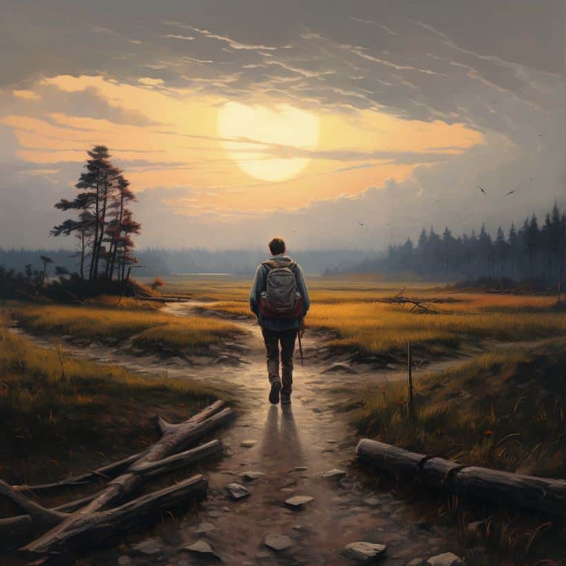 un excursionista caminando solo hacia la puesta de sol, contemplando las opciones vitales antes de un retiro psicodélico