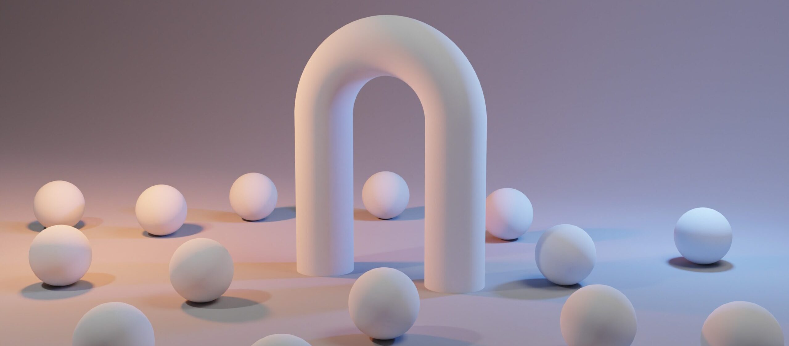 white balls on the floor and a white abstract tunnel shape