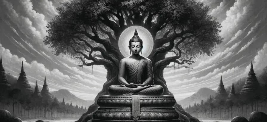 buddha mediterar under ett träd