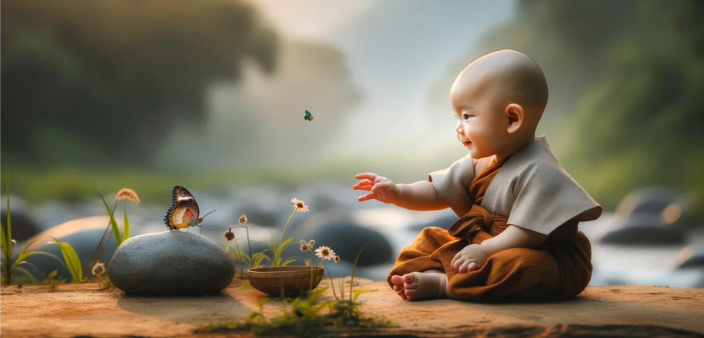 um bebé tranquilo, vestido com um simples traje budista, maravilhado com um objeto comum
