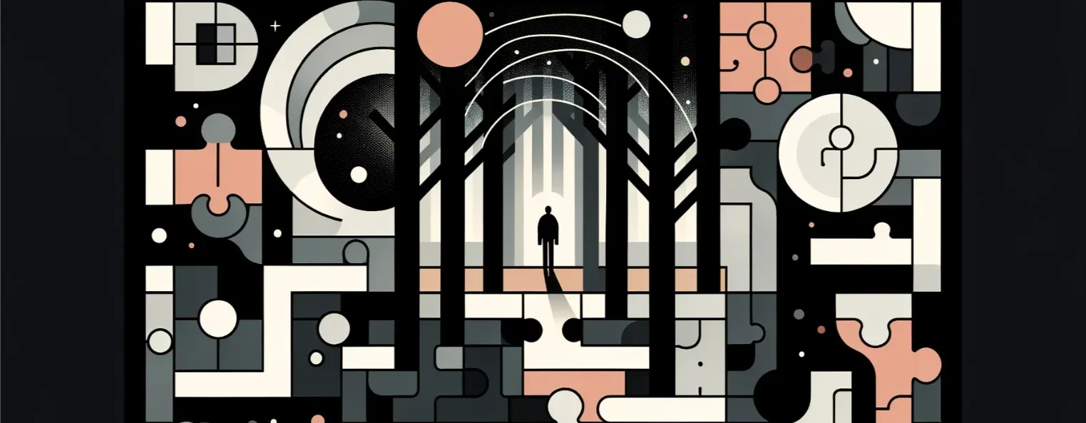 puzzle przedstawiające osobę wchodzącą do ciemnego lasu