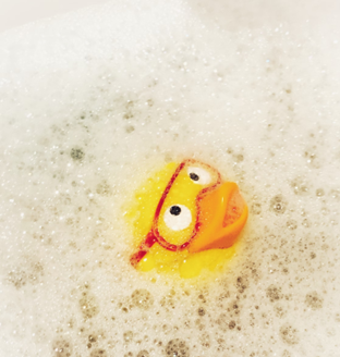 an enlightened duck taking a bath