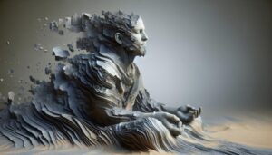 Una figura umana che si rompe in frammenti, a simboleggiare la disintegrazione dell'ego durante un'esperienza psichedelica.