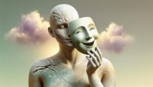 Eine Person, die eine fröhliche Maske trägt, symbolisiert geistige Umgehung und emotionale Unterdrückung.
