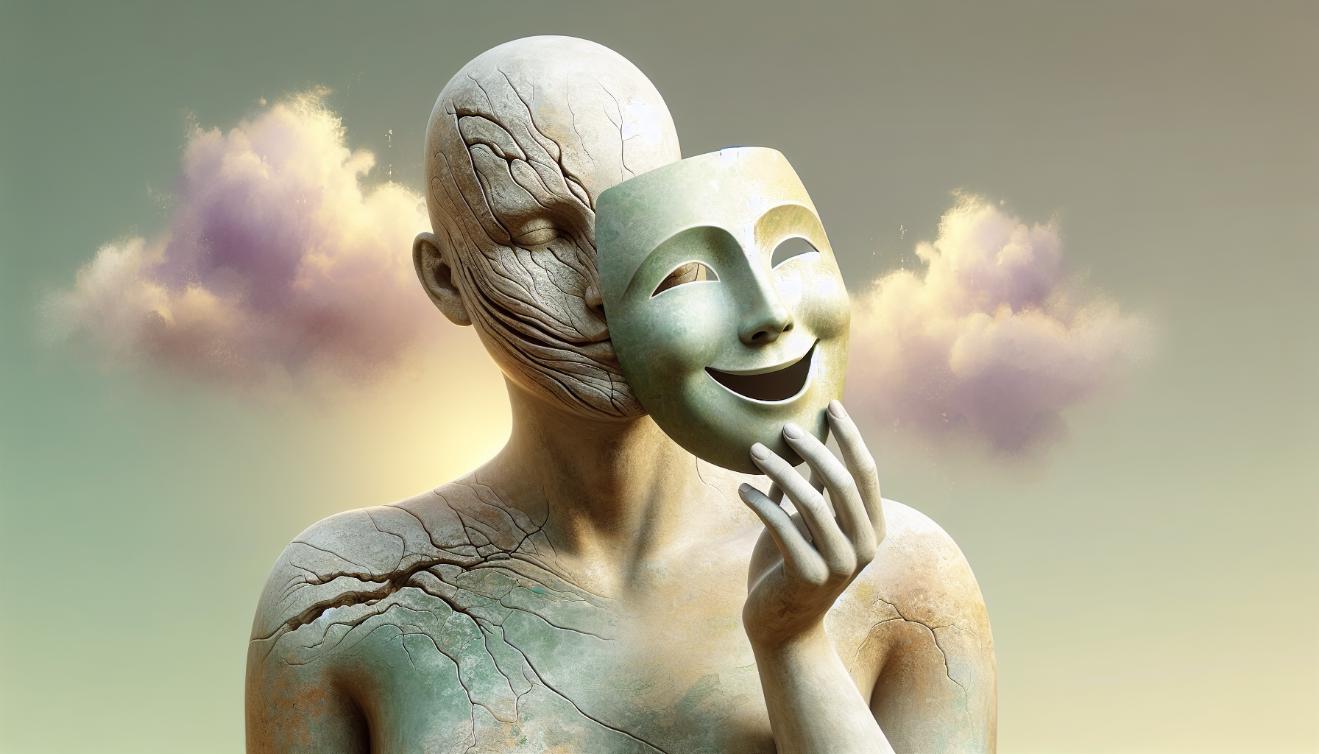 Person wearing a happy mask, symbolizing spiritual bypassing and emotional suppression.