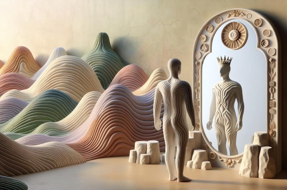  person looking in the mirror and seeing a divine or regal figure, symbolizing spiritual narcissism