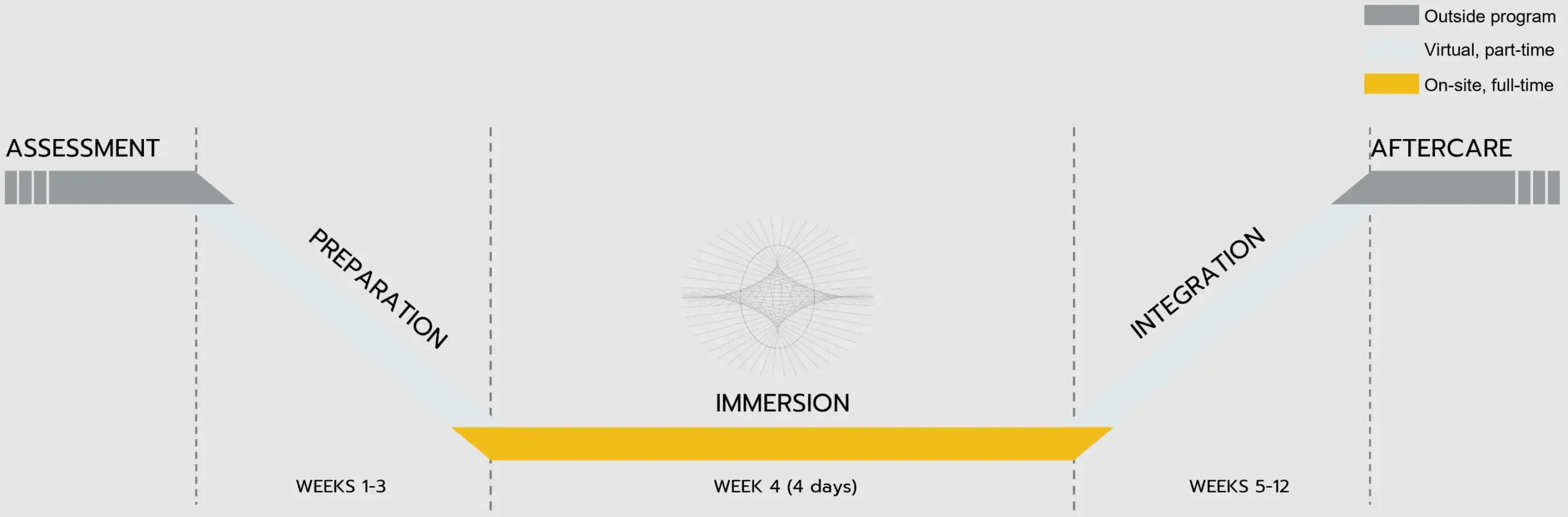 Overzicht van het Psilocybin retreat-programma: beoordeling, drie weken virtuele voorbereiding, een vierdaagse intensieve ervaring ter plaatse in week 4, integratie tot en met week 12, en nazorg