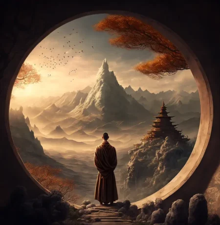a zen monk looking out a stunning nature landscape